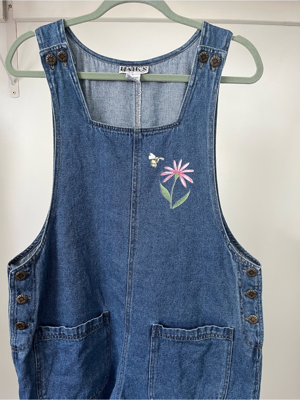 90s Vintage HAIK’S Denim Short Overalls with Flower & Bee Patches Cottagecore